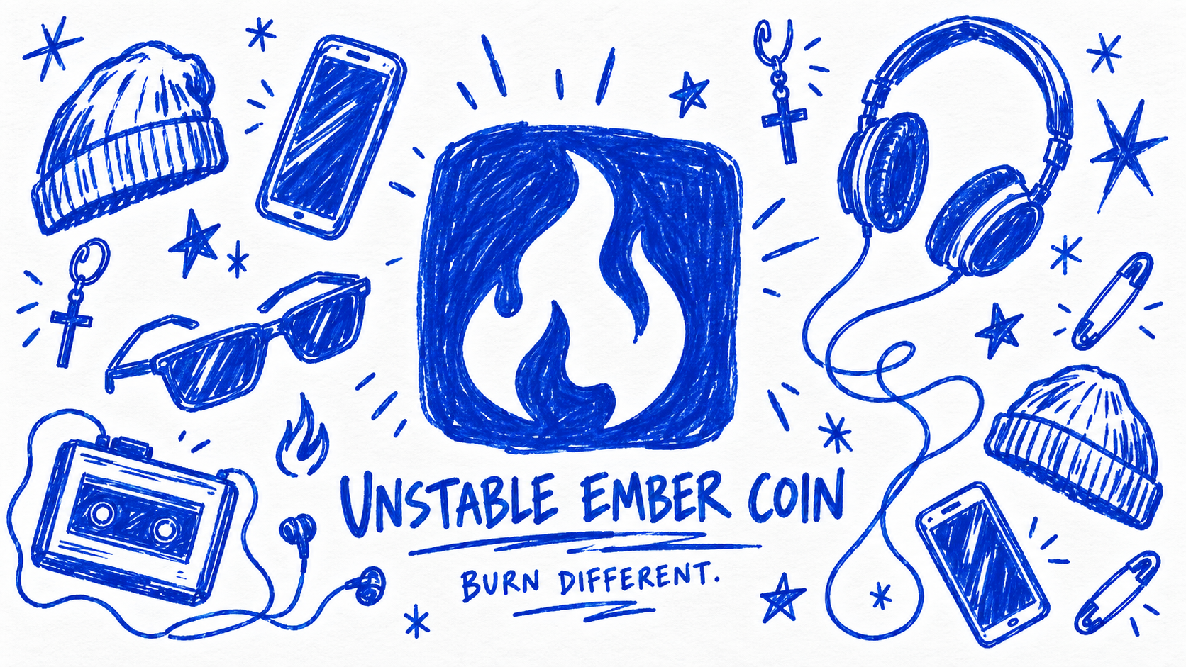 Hand-drawn Unstable Ember poster surrounded by phones, headphones, beanies, earrings and cassette gear
